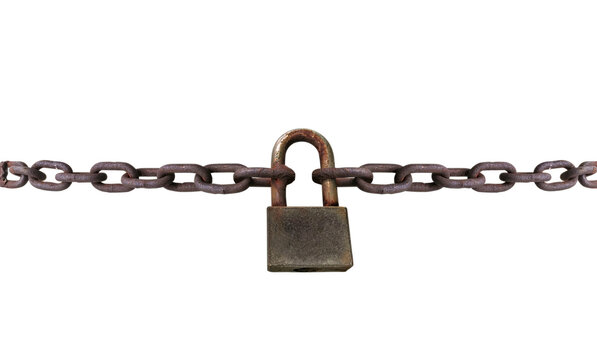 An old rusty padlock closed on a massive chain on white background