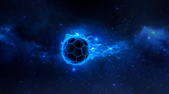 Soccer ball ball on light blue flames floating in the Planet view from space. 3d render © supachai