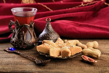 Easter classic Arabian sweet halva and tea on the desk