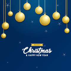 Fototapeta na wymiar Christmas blue background with hanging shining golden balls. Merry christmas greeting card. Holiday Xmas and New Year poster. web banner. Vector Illustration.