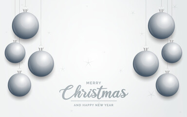 Elegant shiny white Christmas background with Silver baubles and place for text. Vector Illustration