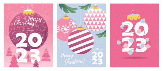Merry Christmas and Happy New Year set of greeting cards, posters, holiday covers. Christmas tree, ball, decoration elements. Vector illustration.