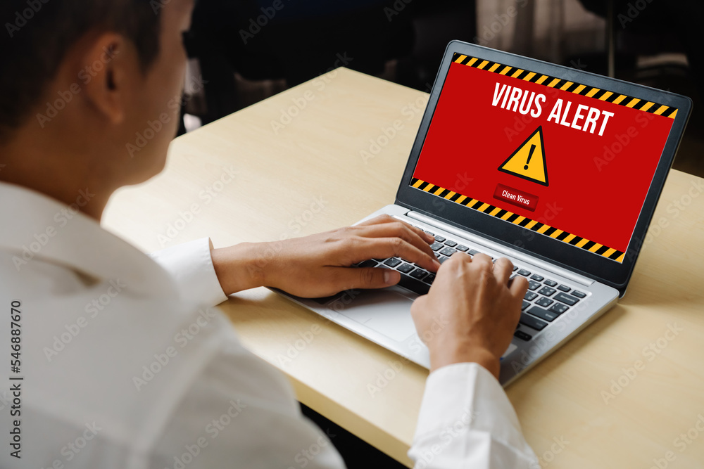 Aufkleber virus warning alert on computer screen detected modish cyber threat , hacker, computer virus and mal