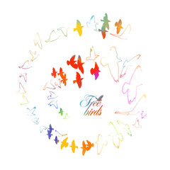 Abstract colored flying birds. Mixed media. Vector illustration