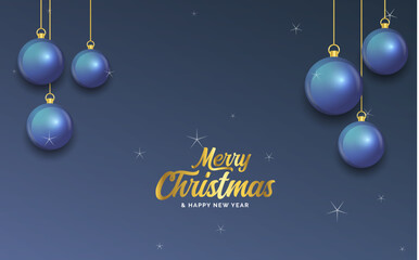 Merry Christmas dark blue banner with balls. Christmas card. Vector Illustration