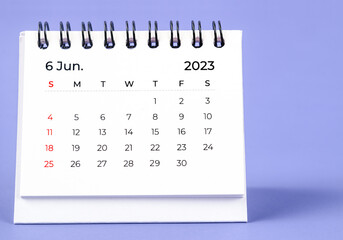 The June 2023 Monthly desk calendar for 2023 year on purple background.