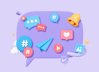 3D Social media communication. Speech bubble message with bell, hashtag and like. Photo and video content in network concept. Cartoon creative design isolated on purple background. 3D Rendering