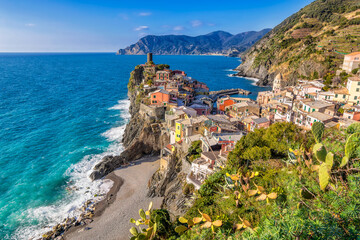 Scenic view of the small village of Vernazza, Cinque Terre against the blue Mediterranean sea