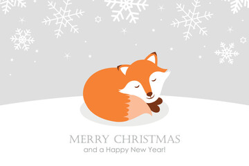 christmas greeting card with cute fox on snowy winter landscape