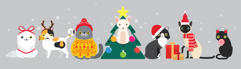 Collection of Christmas cats, Merry Christmas illustrations of cute cats with accessories like a knitted hats, sweaters, scarfs.