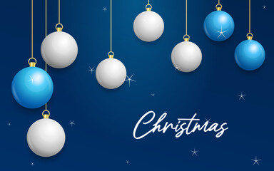 Christmas blue background with hanging shining white and Silver balls. Merry christmas greeting card. Vector Illustration