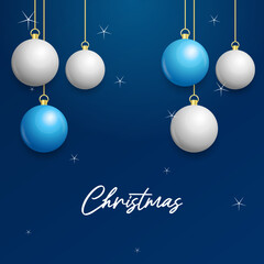 Fototapeta na wymiar Christmas blue background with hanging shining white and Silver balls. Merry christmas greeting card. Vector Illustration