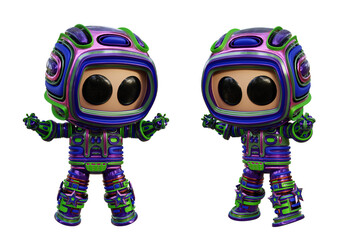 3D RENDERING PNG ILLUSTRATION. CUTE DESIGN ROBOT CYBORG ANDROID CHARACTER ISOLATED WHITE BACKGROUND. SPACEMAN ASTRONAUT CARTOON METAL PLASTIC AI MACHINE TECHNOLOGY GAME MODEL FIGURE ART TOY.
