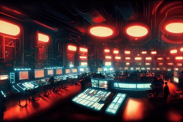 Obraz premium Interior of spaceship control center room, science fiction scene, blue-green and red colors 