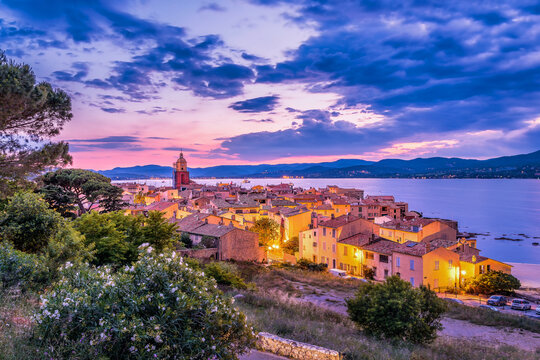 Night fall over Saint Tropez in south of France, scenic view with dramatic sky