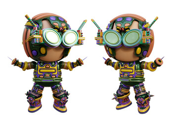 3D RENDERING PNG ILLUSTRATION. CUTE DESIGN ROBOT CYBORG ANDROID CHARACTER ISOLATED WHITE BACKGROUND. SPACEMAN ASTRONAUT CARTOON METAL PLASTIC AI MACHINE TECHNOLOGY GAME MODEL FIGURE ART TOY.

