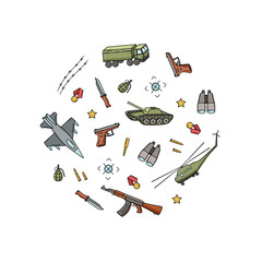 Military doodle color icons. Vector illustration of a set of military equipment, army items.