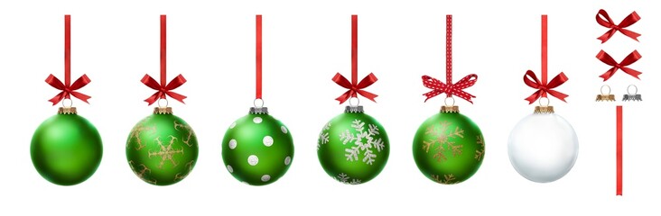 A collection of green Christmas baubles hanging from red ribbon and bow with snowflake glitter...