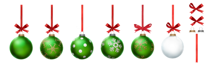 A collection of green Christmas baubles hanging from red ribbon and bow with snowflake glitter patterns on them isolated against a transparent background.