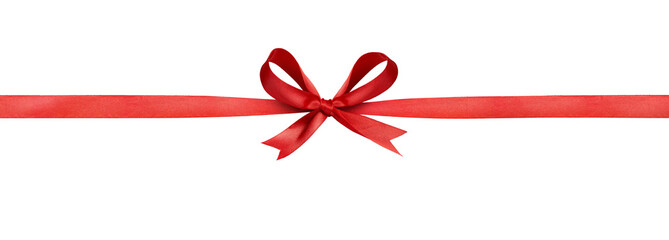 A large red ribbon bow in the centre of a long straight piece of ribbon to be used as a birthday or...