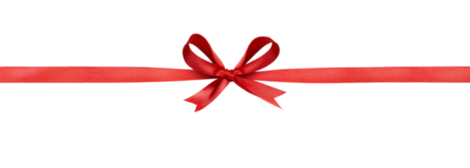 A large red ribbon bow in the centre of a long straight piece of ribbon to be used as a birthday or Christmas banner, border isolated against a transparent background