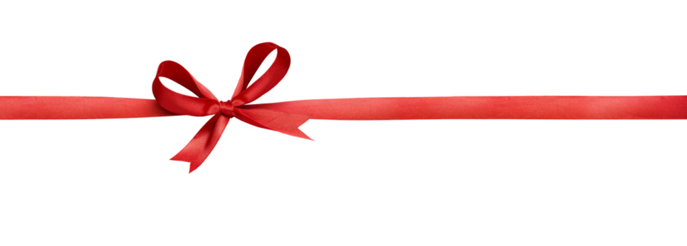 A large red ribbon bow on the left of a long straight piece of ribbon to be used as a birthday or Christmas banner, border isolated against a transparent background