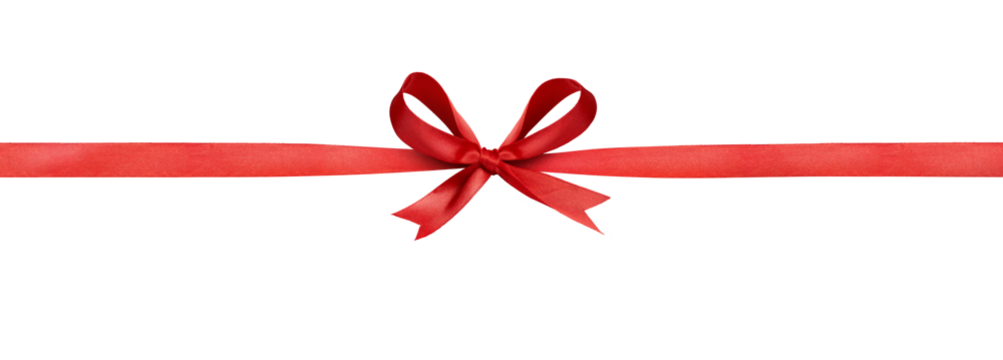 A large red ribbon bow in the centre of a long straight piece of ribbon to be used as a birthday or Christmas banner, border isolated against a transparent background