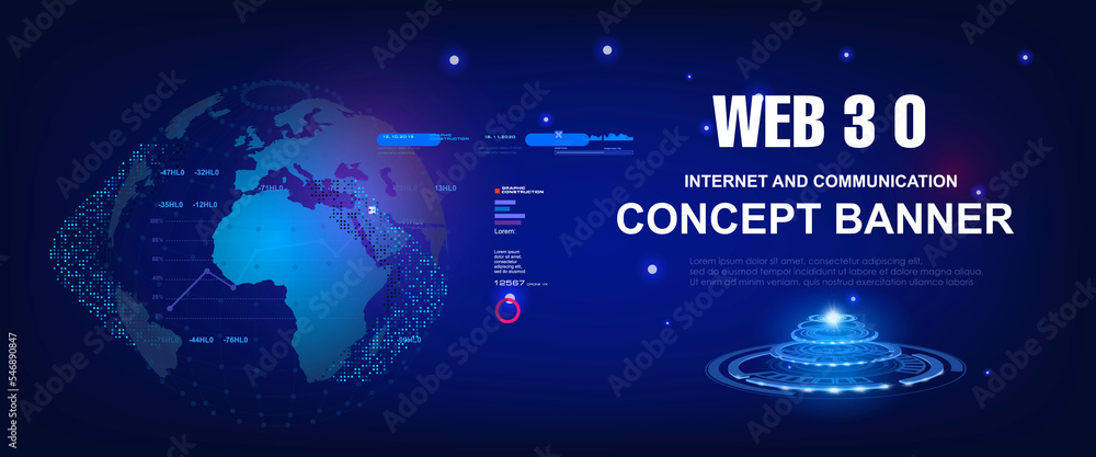 Poster web 3.0 cyber banner with earth planet hologram. information exchange and technological processes us