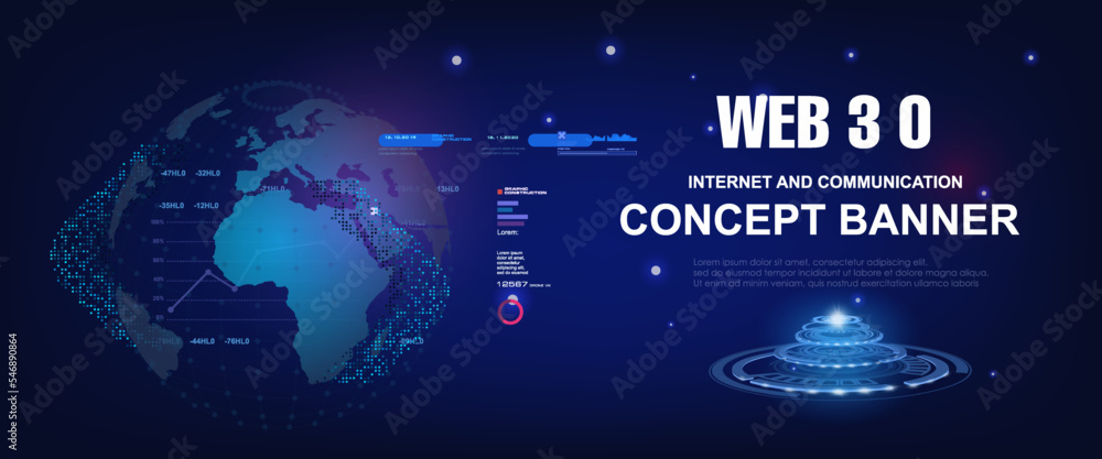 Poster web 3.0 cyber banner with earth planet hologram. information exchange and technological processes us