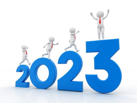 Happy new year 2023 with Successful Business People on white background, 2023 year with business objective target and goal for new year concept. 3d render 