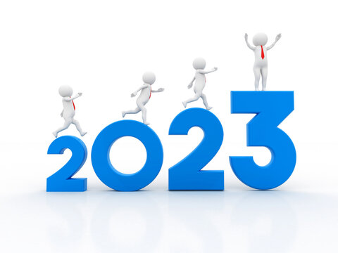 Happy new year 2023 with Successful Business People on white background, 2023 year with business objective target and goal for new year concept. 3d render 