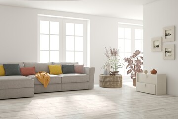 White living room with sofa. Scandinavian interior design. 3D illustration