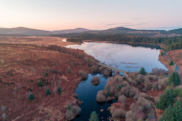 Sunset Scottish Landscape Aerial View of a Loch