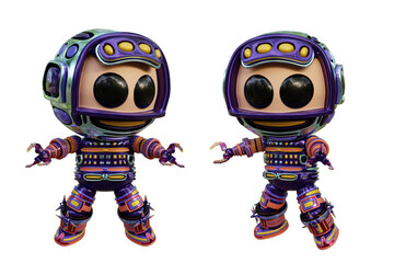 3D RENDERING PNG ILLUSTRATION. CUTE DESIGN ROBOT CYBORG ANDROID CHARACTER ISOLATED WHITE BACKGROUND. SPACEMAN ASTRONAUT CARTOON METAL PLASTIC AI MACHINE TECHNOLOGY GAME MODEL FIGURE ART TOY.
