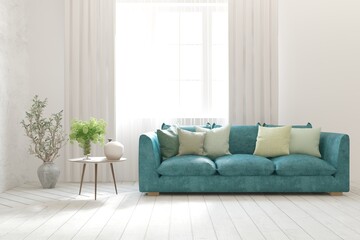 White living room with sofa. Scandinavian interior design. 3D illustration