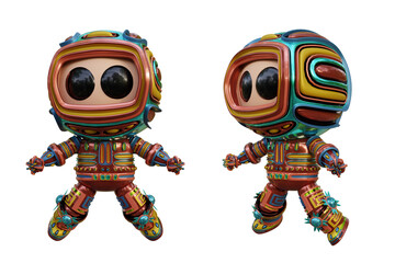3D RENDERING PNG ILLUSTRATION. CUTE DESIGN ROBOT CYBORG ANDROID CHARACTER ISOLATED WHITE BACKGROUND. SPACEMAN ASTRONAUT CARTOON METAL PLASTIC AI MACHINE TECHNOLOGY GAME MODEL FIGURE ART TOY.
