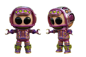 3D RENDERING PNG ILLUSTRATION. CUTE DESIGN ROBOT CYBORG ANDROID CHARACTER ISOLATED WHITE BACKGROUND. SPACEMAN ASTRONAUT CARTOON METAL PLASTIC AI MACHINE TECHNOLOGY GAME MODEL FIGURE ART TOY.
