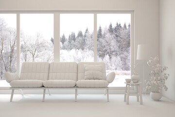 Fototapeta premium White living room with sofa and winter landscape in window. Scandinavian interior design. 3D illustration