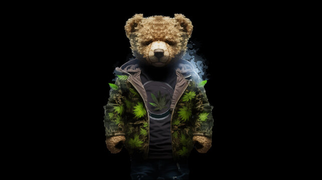 Teddy bear in a jacket with a hemp print on a black isolated background, t-shirt design. Vector illustration