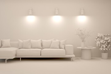 Mock up of minimalist living room in white color with sofa. Scandinavian interior design. 3D illustration