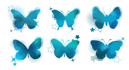 Set of blue watercolor butterflies. Vector illustration