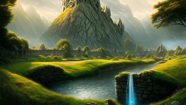 Sunlit fantasy landscape with mountains, forests and lakes -  elves - concept art - fantasy - painting