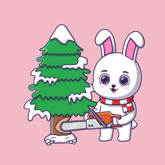 Fototapeta premium Cute rabbit cutting pine tree with chainsaw