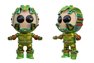 3D RENDERING PNG ILLUSTRATION. CUTE DESIGN ROBOT CYBORG ANDROID CHARACTER ISOLATED WHITE BACKGROUND. SPACEMAN ASTRONAUT CARTOON METAL PLASTIC AI MACHINE TECHNOLOGY GAME MODEL FIGURE ART TOY.
