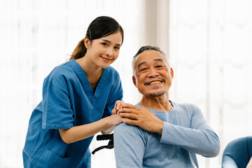 Young Asian woman nurse take care senior adult man, Home Health Care Concept