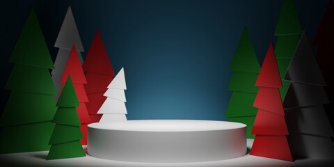 Abstract 3d Christmas trees and empty stage for product presentation.