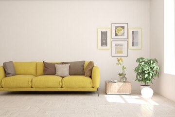 White living room with sofa. Scandinavian interior design. 3D illustration