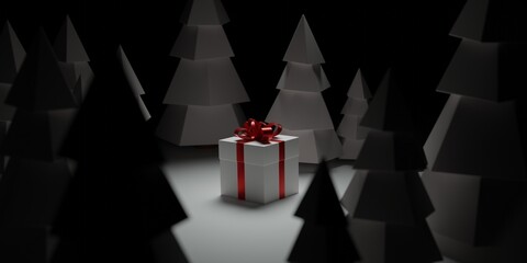 Christmas present gift box middle of white trees in forest 3d render illustration