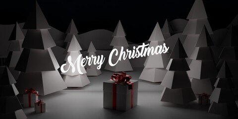 Christmas present and merry christmas text in the middle of white trees in forest 3d render greetings card illustration