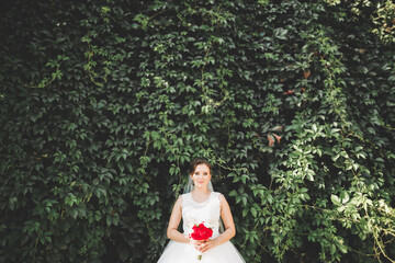 Beautiful luxury young bride in wedding dress posing in park